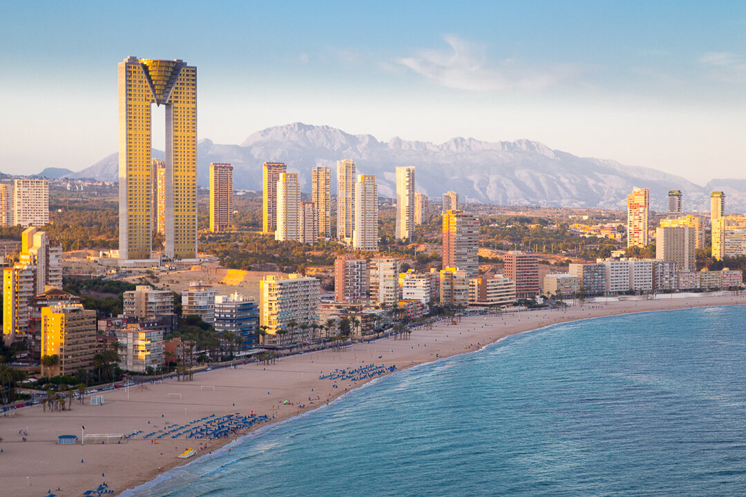 Panoramic view of the coast in Benidorm with skyscrapers in the background, Valencian Community, Spain.