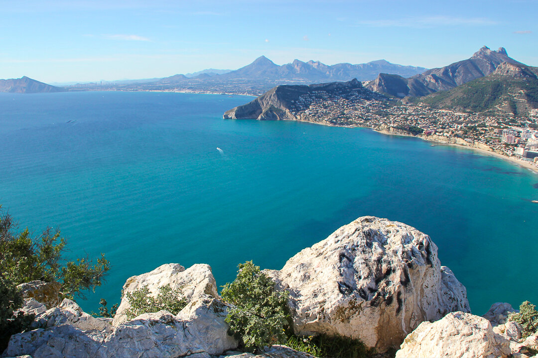 View of the Mediterranean Sea with the coast and mountains in the background, Calpe. Valencian Community, Spain