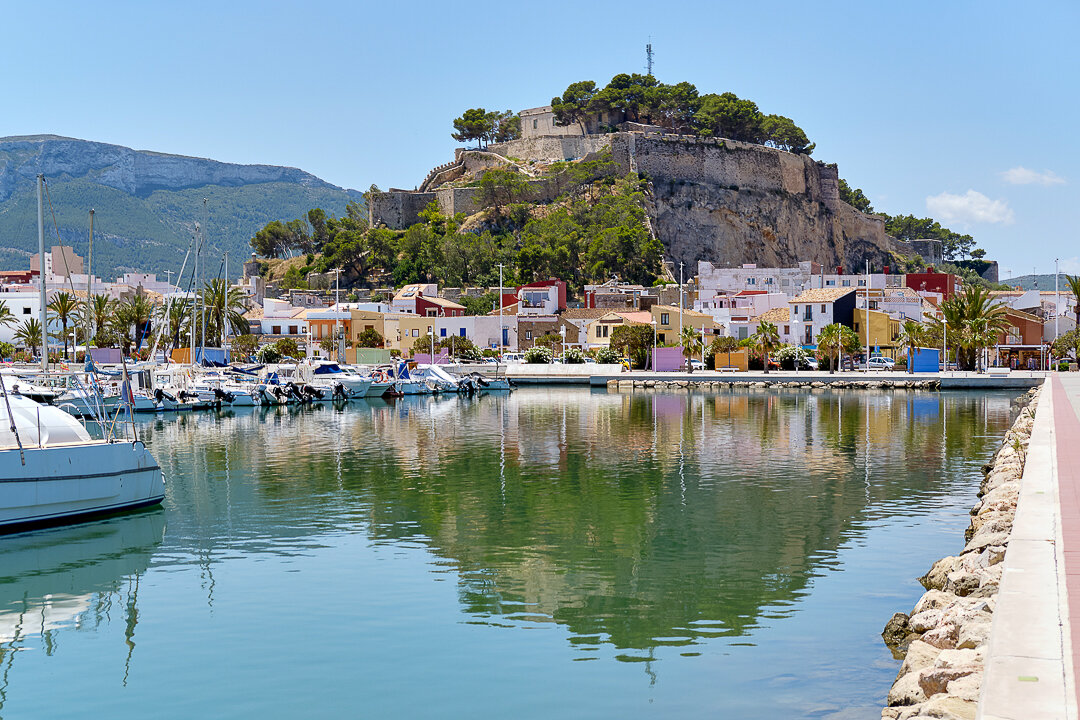 Port view with mountain in the background in Denia, Valencian Community, Spain.
