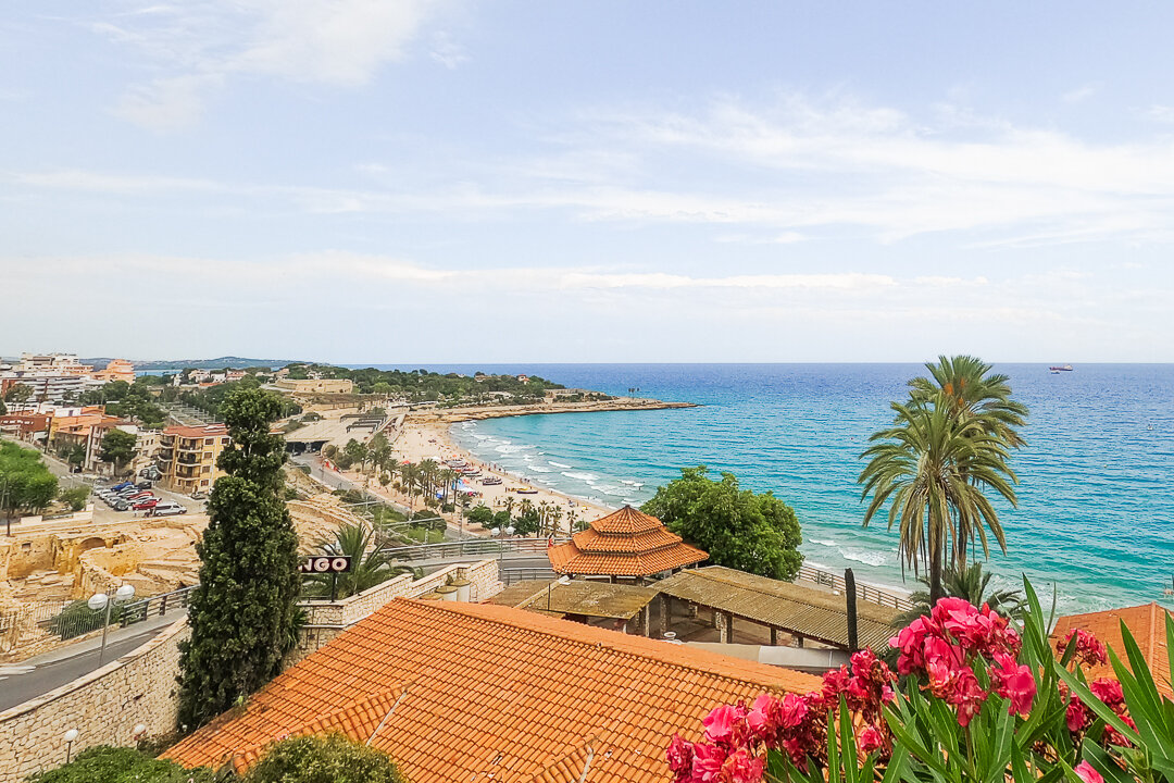 View of the Roman amphitheatre and the Mediterranean Sea in Tarragona, Catalonia, Spain.