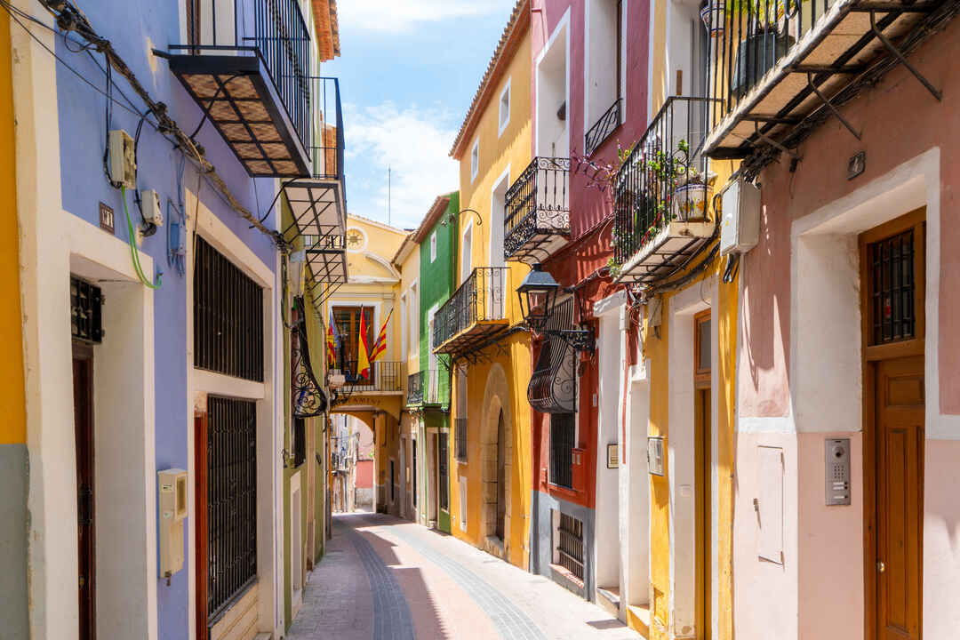 Buildings with vivid and colorful facades in the old town of Villajoyosa
