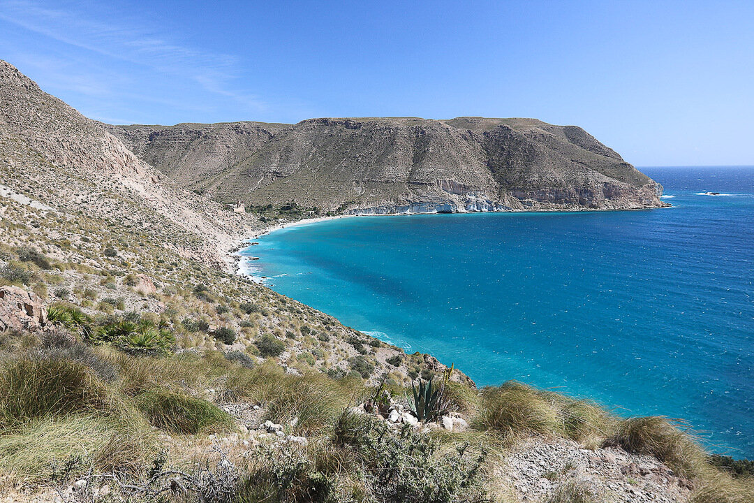 View of the Mediterranean Sea, beach, and hills