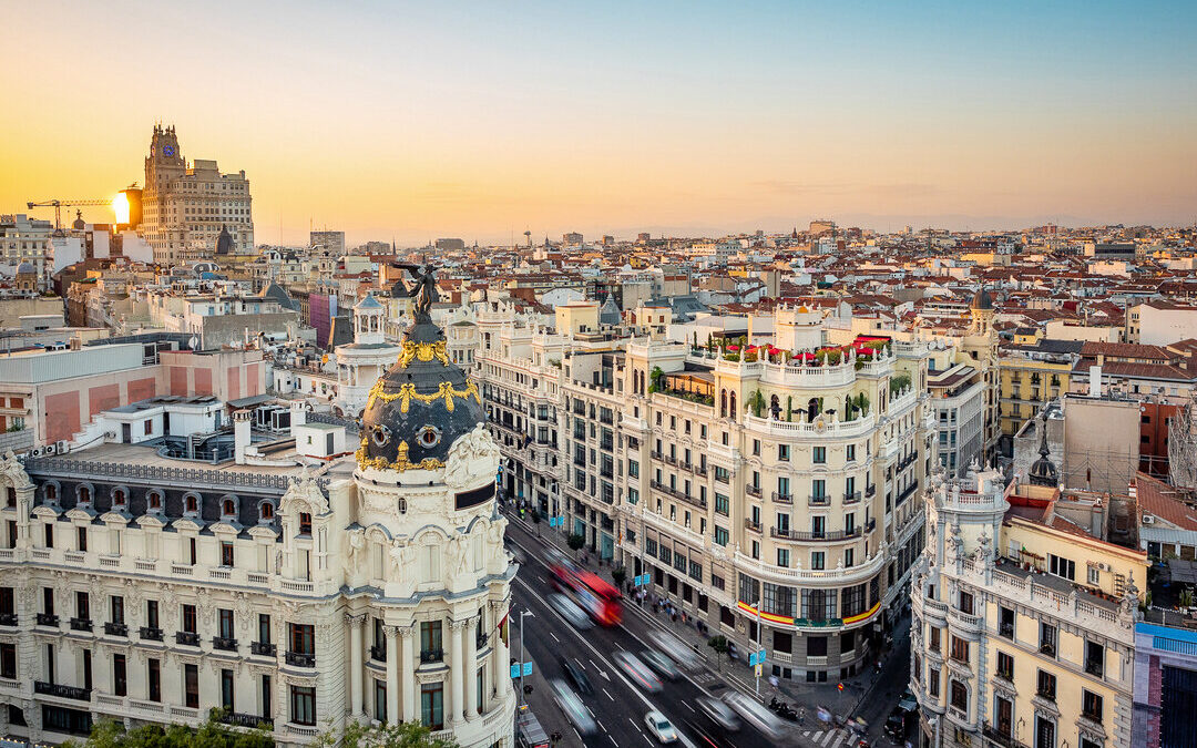 Panoramic view of the Gran Via avenue in Madrid, the capital of Spain.