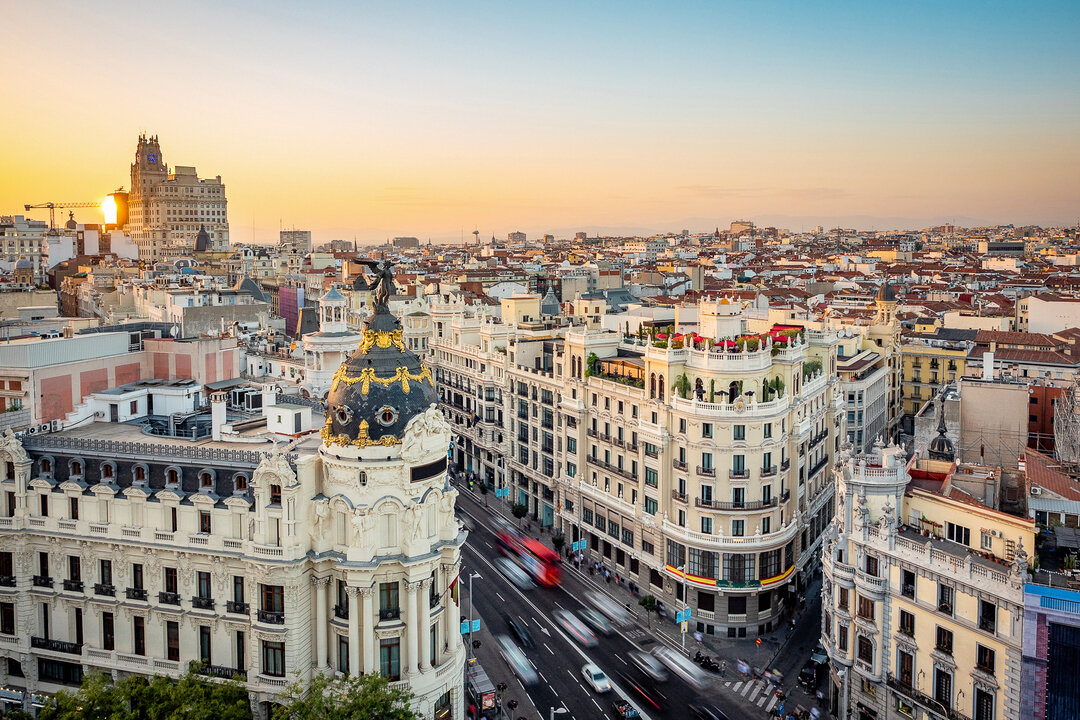 Panoramic view of the Gran Via avenue in Madrid, the capital of Spain.