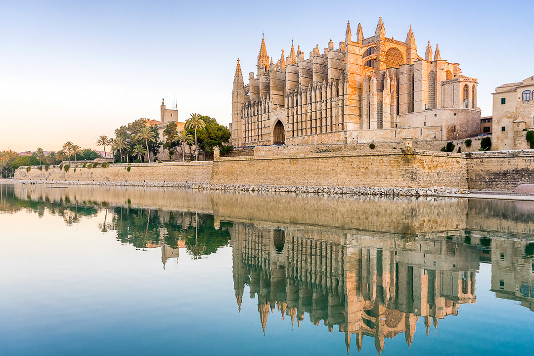 View of the majestic Cathedral La Seu in Palma de Majorca, the Balearic Islands, Spain.
