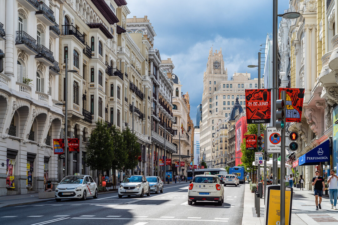 People shopping on the big avenue Gran Via in Madrid, the capital of Spain.