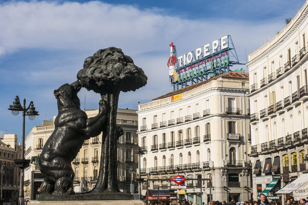 Vivid square with many historic monuments in the center of Madrid, Spain.
