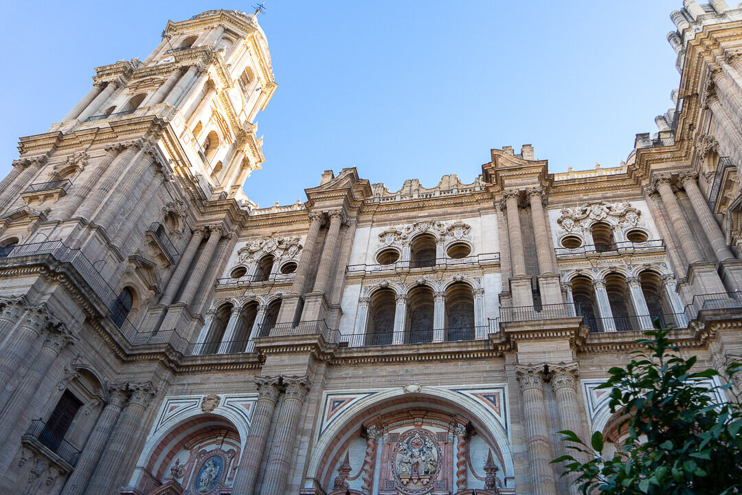 Front view of the impressive Cathedral of Malaga, Spain.