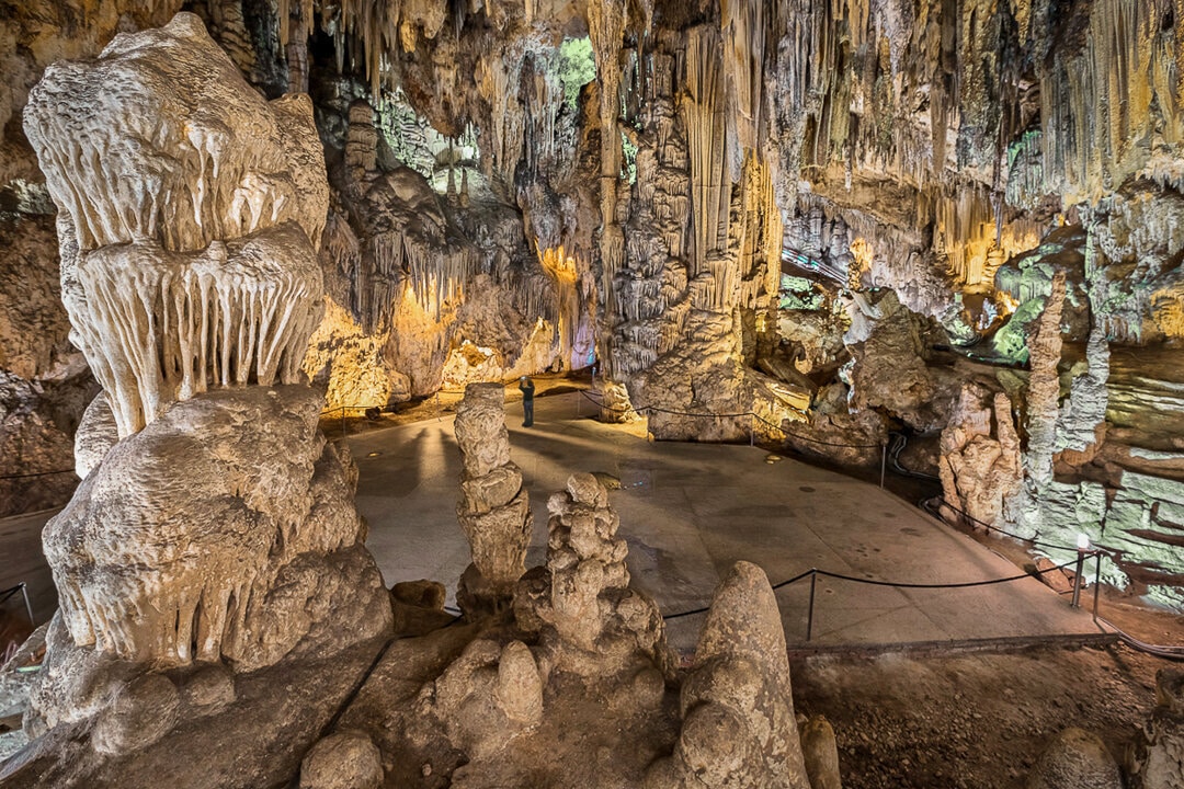 Impressive cave full of stalagmites, stalactites, and tall columns near Nerja, Andalusia, Spain.