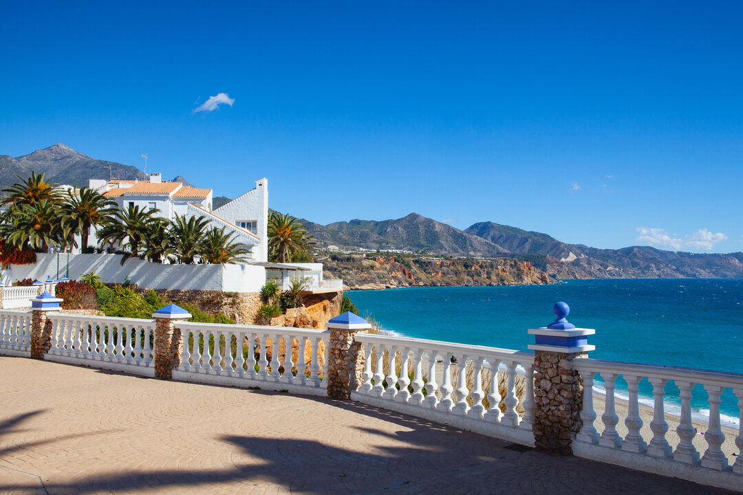 Promenade and viewpoint above the beach of Carabeillo in Nerja. Andalusia, Spain