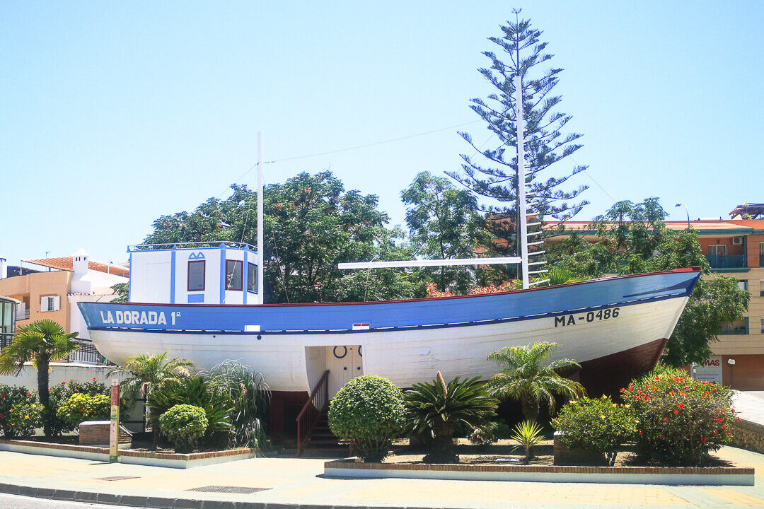Boat "La Dorada" from the popular Spanish series "Verano Azul" in Nerja, Andalusia, Spain.