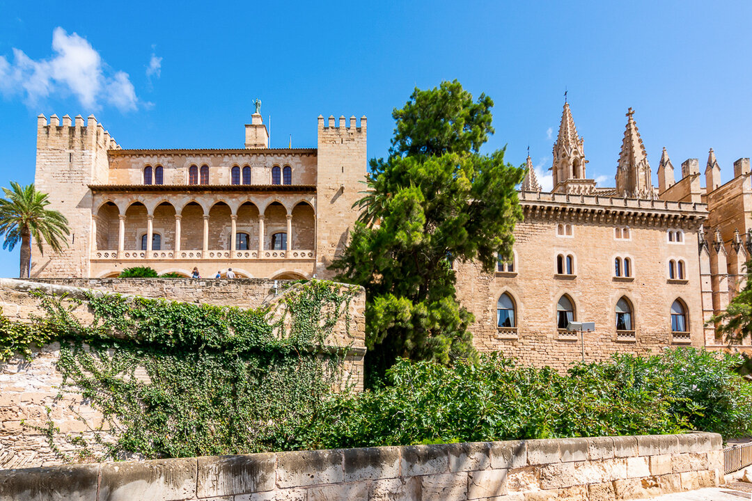 View of the Royal Palace La Almudaina in Palma de Majorca, Balearic Islands, Spain.