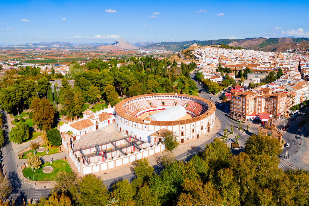 best-things-to-do-in-antequera-bullring Panoramic view of the bullring in Antequera, Andalusia, Spain