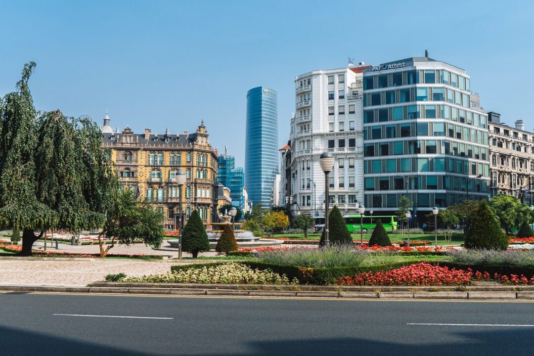 best-things-to-do-and-see-in-bilbao-moyua-square Lively square with flowers in the city centre of Bilbao, The Basque Country, Spain